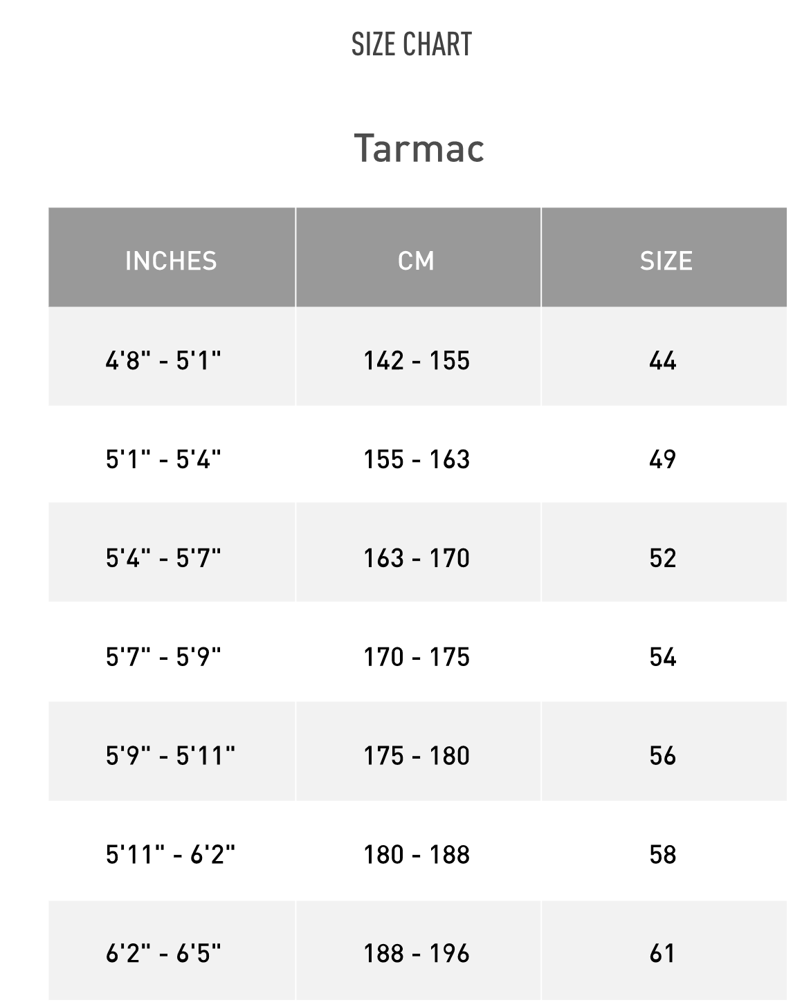 specialized tarmac sl6 size chart